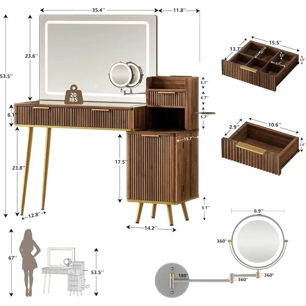Dark Walnut Vanity Desk with LED Mirror