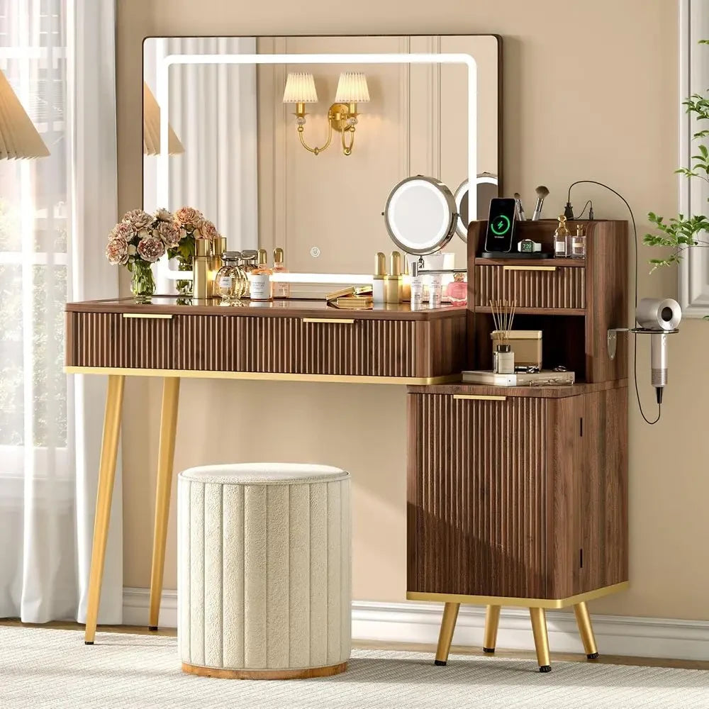Dark Walnut Vanity Desk with LED Mirror